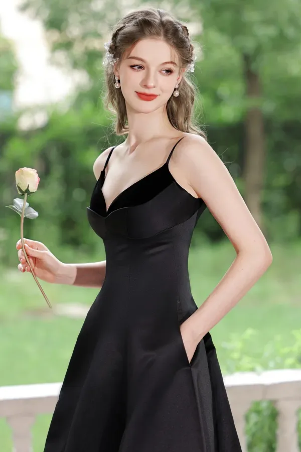 A Line V Neck Tea Length Satin Black Prom Dress, Black Formal Dress APP1022