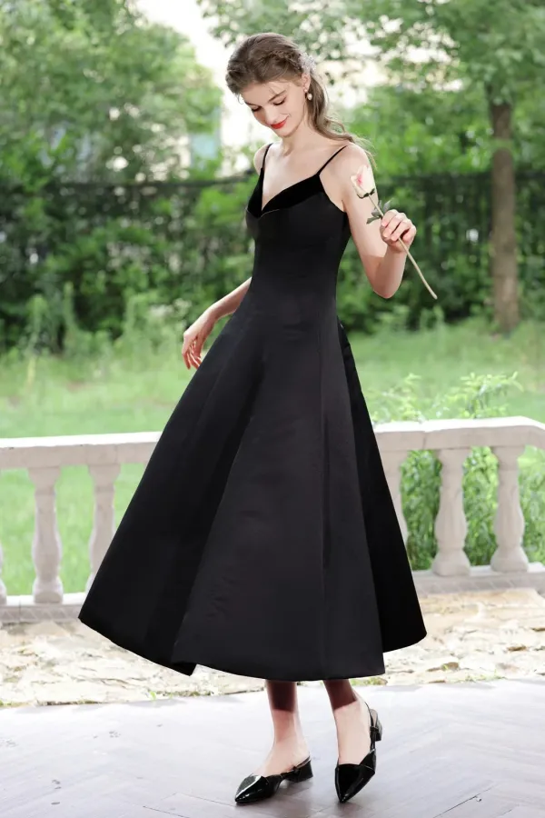 A Line V Neck Tea Length Satin Black Prom Dress, Black Formal Dress APP1022