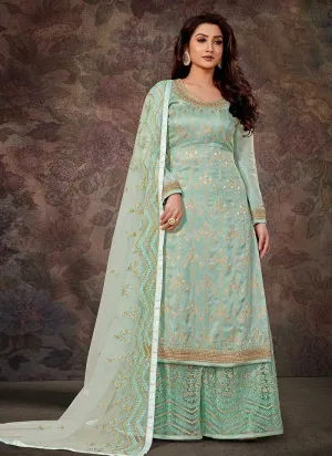 Aqua Gold Embroidered Stylish Palazzo Style Suit