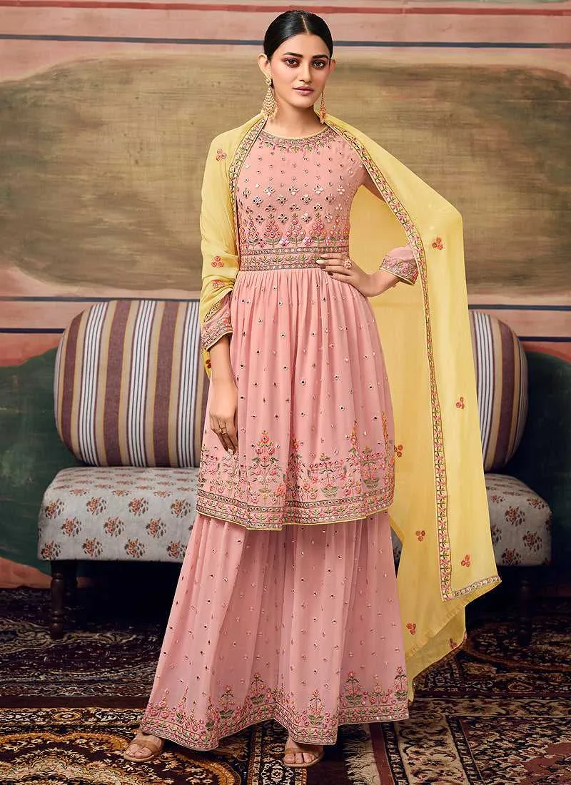 Baby Pink Mirror Embroidered Stylish Gharara Suit