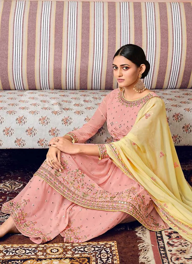 Baby Pink Mirror Embroidered Stylish Gharara Suit