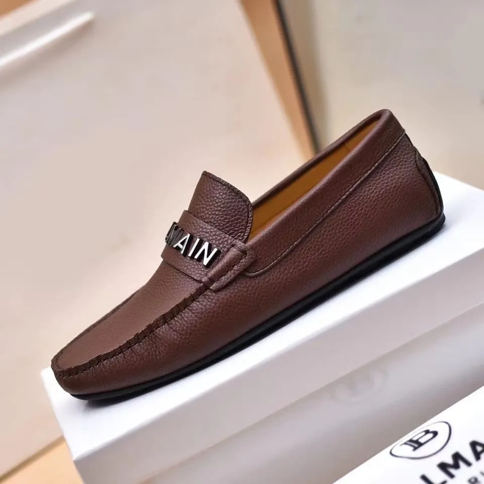 BALMAIN || Logo-Plaque Calf Leather Brown Loafers