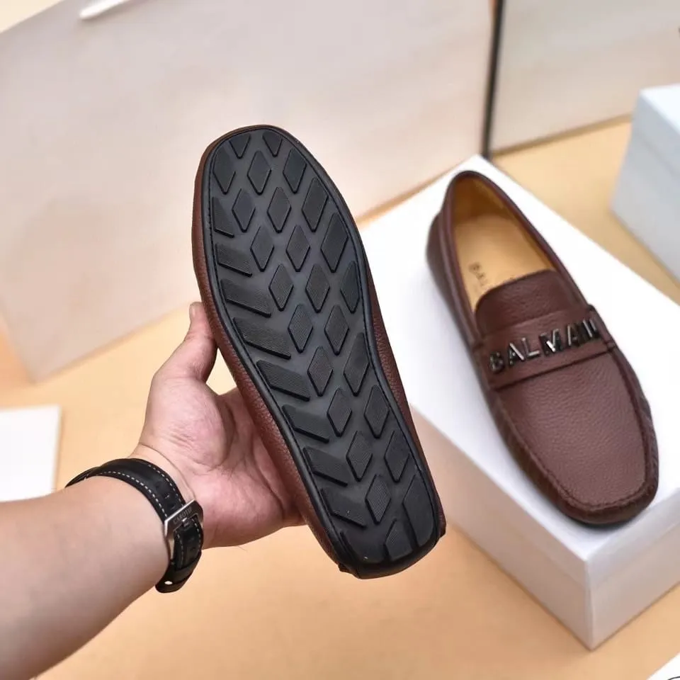 BALMAIN || Logo-Plaque Calf Leather Brown Loafers