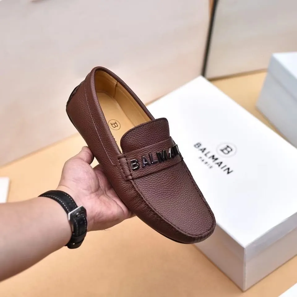 BALMAIN || Logo-Plaque Calf Leather Brown Loafers