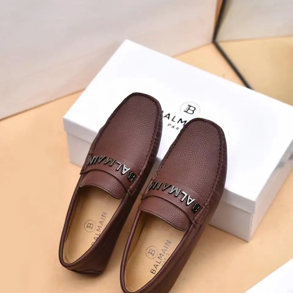 BALMAIN || Logo-Plaque Calf Leather Brown Loafers