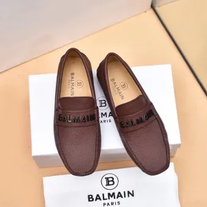 BALMAIN || Logo-Plaque Calf Leather Brown Loafers