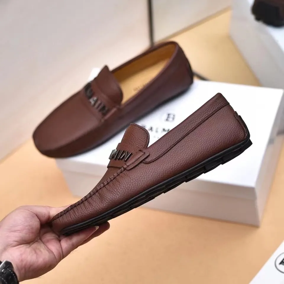 BALMAIN || Logo-Plaque Calf Leather Brown Loafers