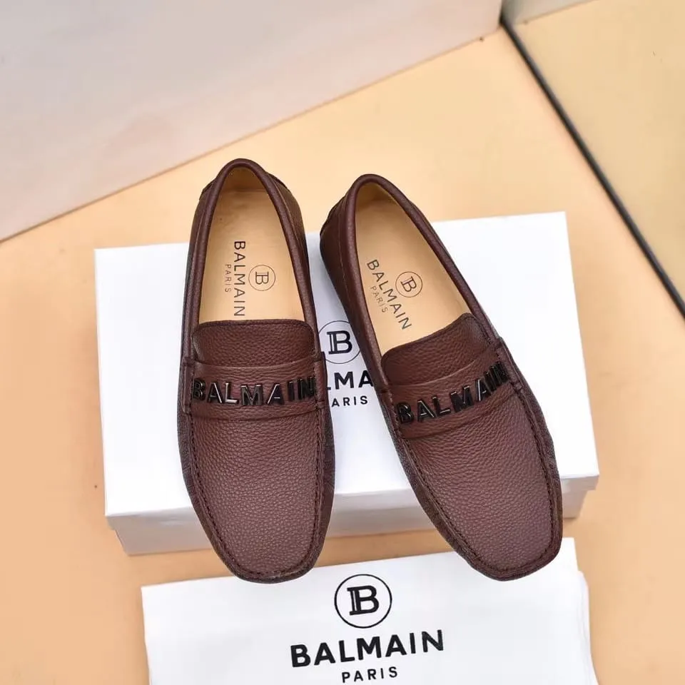BALMAIN || Logo-Plaque Calf Leather Brown Loafers