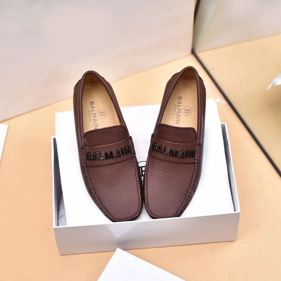 BALMAIN || Logo-Plaque Calf Leather Brown Loafers