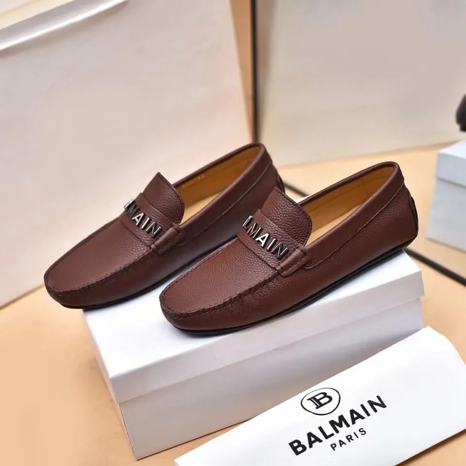 BALMAIN || Logo-Plaque Calf Leather Brown Loafers