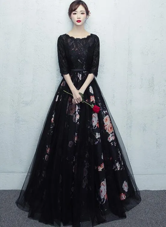 Beautiful Black Tulle and Lace Round Neckline Party Dress, Floral Prom Dress