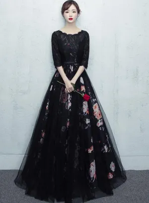 Beautiful Black Tulle and Lace Round Neckline Party Dress, Floral Prom Dress