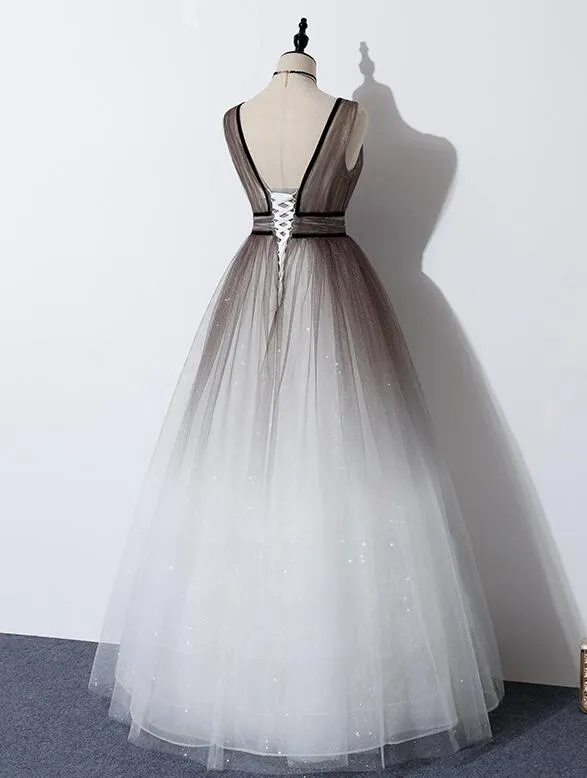 Beautiful Gradient Tulle V-neckline Long Party Dress, New Junior Prom Dress