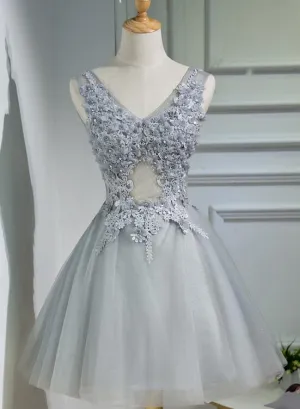 Beautiful Grey Tulle V-neckline Lace Applique Beaded Short Party Dress, Grey Homecoming Dresses