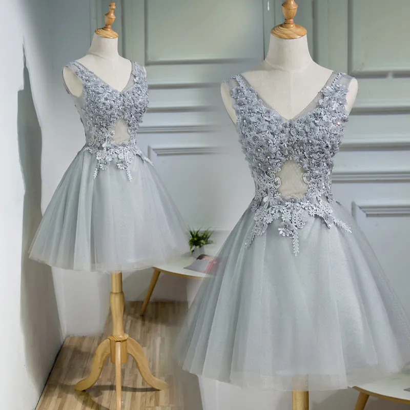 Beautiful Grey Tulle V-neckline Lace Applique Beaded Short Party Dress, Grey Homecoming Dresses