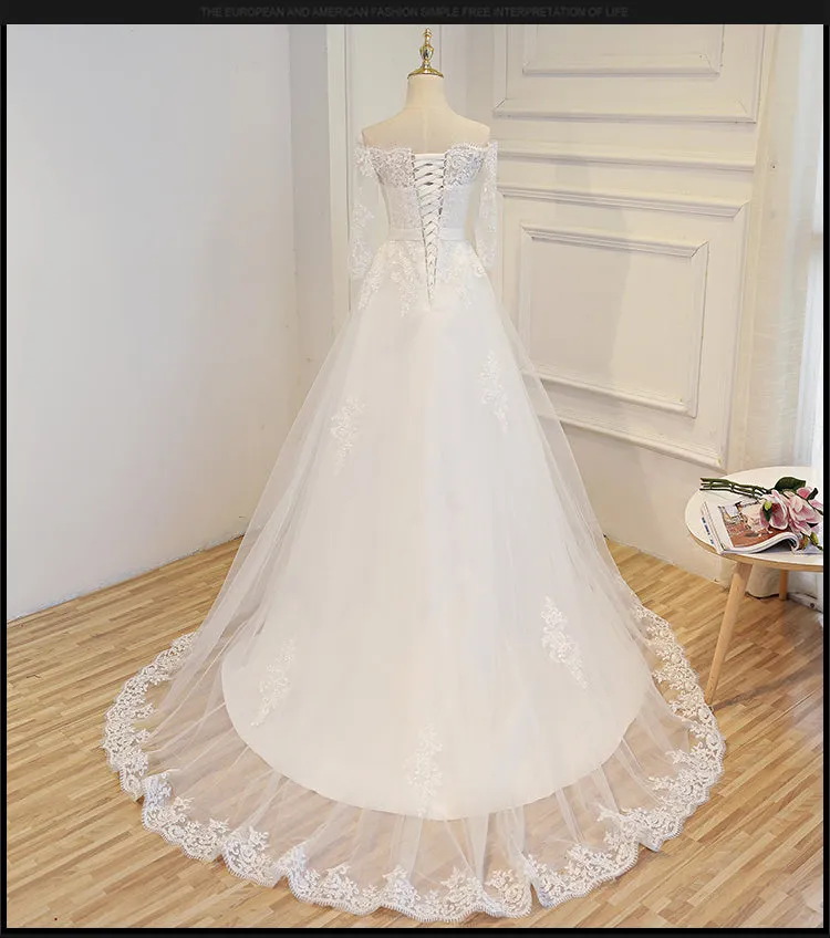 Beautiful Lace Sweep Train Wedding Dress, Simple Wedding Gowns, White Prom Dress