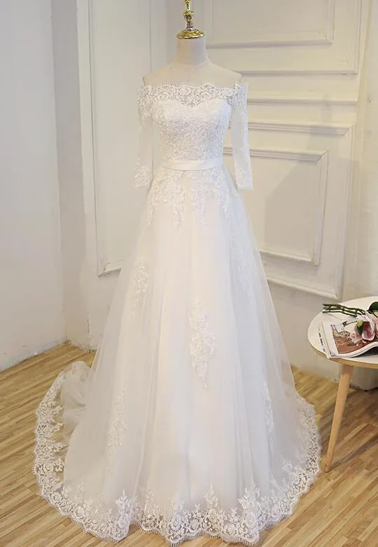 Beautiful Lace Sweep Train Wedding Dress, Simple Wedding Gowns, White Prom Dress