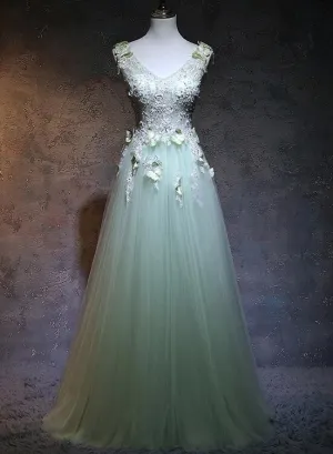 Beautiful Light Green V-neckline Tulle Party Gown, A-line Tulle Prom Dress