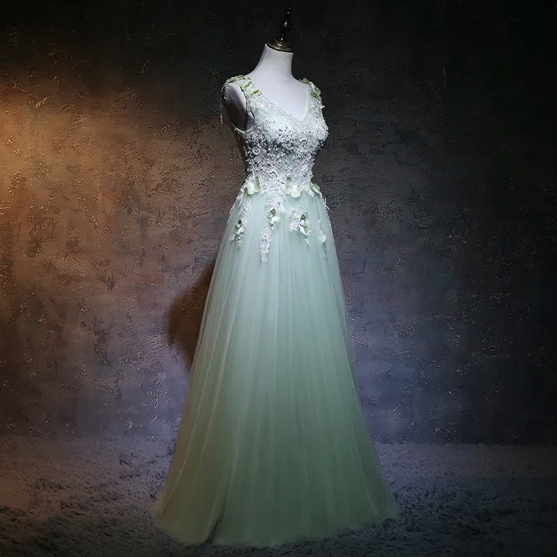 Beautiful Light Green V-neckline Tulle Party Gown, A-line Tulle Prom Dress