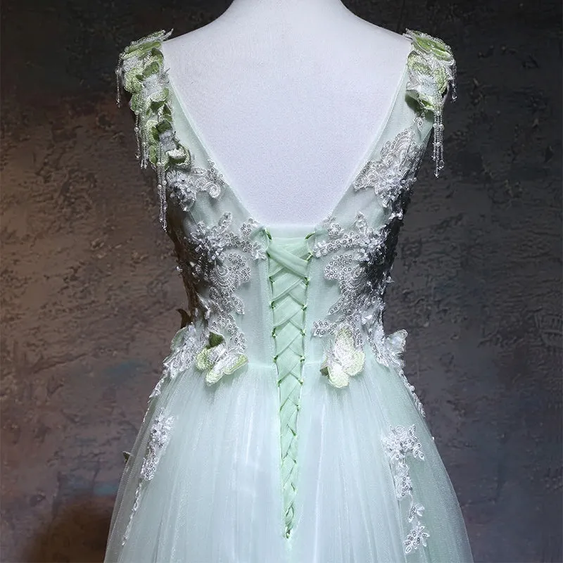 Beautiful Light Green V-neckline Tulle Party Gown, A-line Tulle Prom Dress