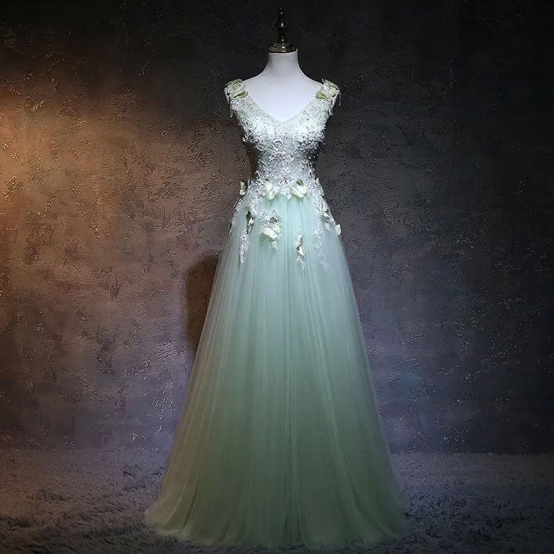 Beautiful Light Green V-neckline Tulle Party Gown, A-line Tulle Prom Dress