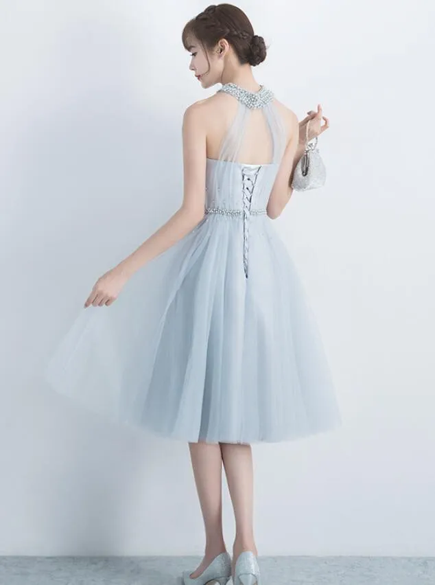 Beautiful Light Grey Halter Tulle Knee Length Party Dress , Charming Formal Dress
