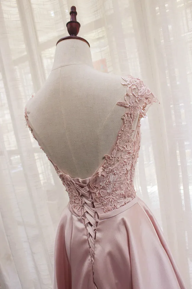 Beautiful Light Pink Round Neckline High Low Lace and Satin Prom Dress, Pink Homecoming Dresses