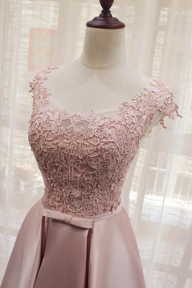 Beautiful Light Pink Round Neckline High Low Lace and Satin Prom Dress, Pink Homecoming Dresses