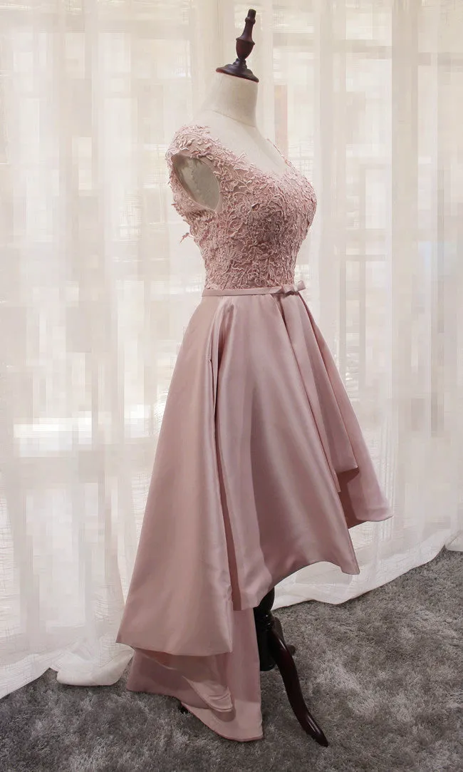 Beautiful Light Pink Round Neckline High Low Lace and Satin Prom Dress, Pink Homecoming Dresses