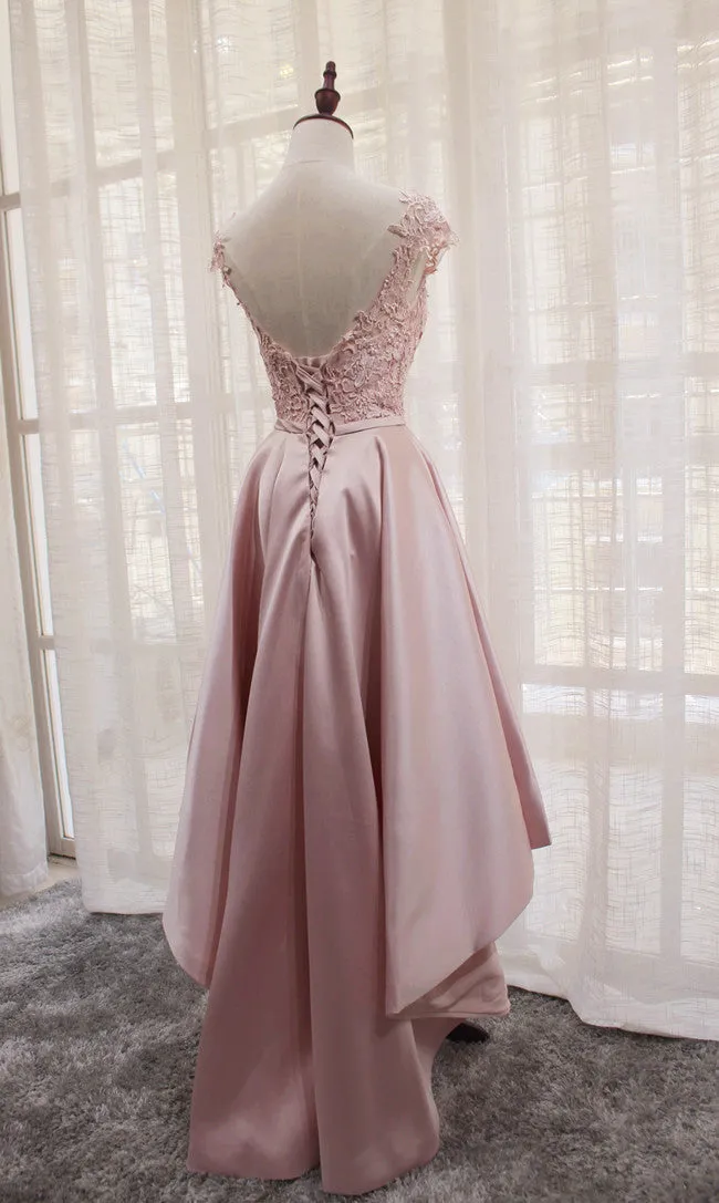 Beautiful Light Pink Round Neckline High Low Lace and Satin Prom Dress, Pink Homecoming Dresses