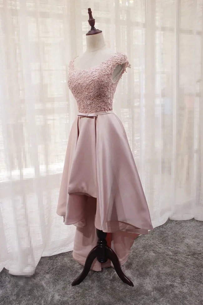 Beautiful Light Pink Round Neckline High Low Lace and Satin Prom Dress, Pink Homecoming Dresses