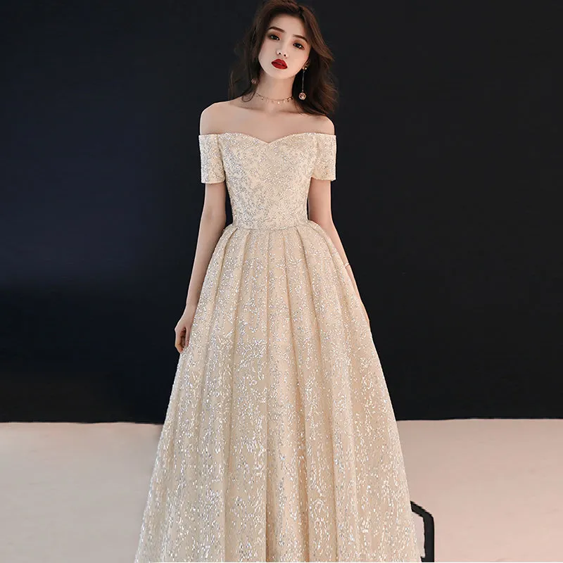 Beautiful Off Shoulder Gold Long Prom Dress , Junior Party Dress