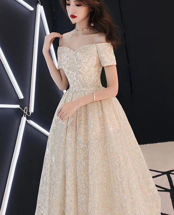 Beautiful Off Shoulder Gold Long Prom Dress , Junior Party Dress