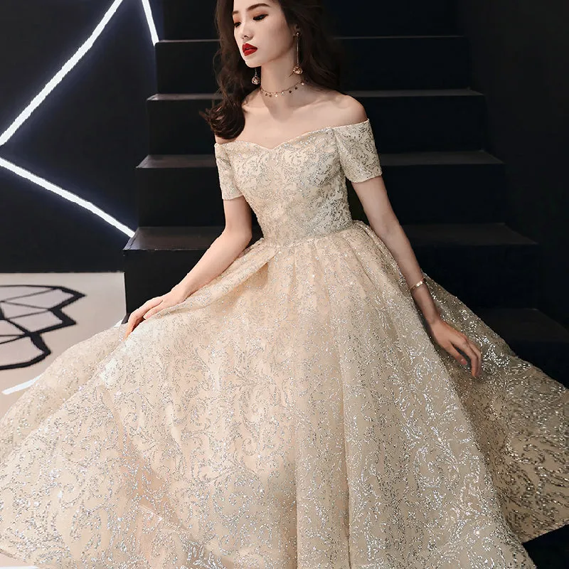 Beautiful Off Shoulder Gold Long Prom Dress , Junior Party Dress