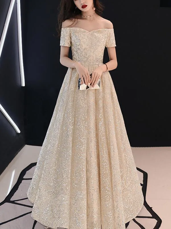 Beautiful Off Shoulder Gold Long Prom Dress , Junior Party Dress