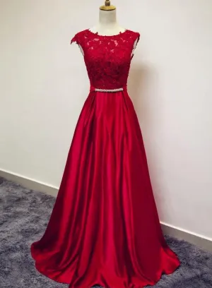 Beautiful Red Satin Lace Applique Long Party Dress, Long Formal Dresses, Red Prom Dresses