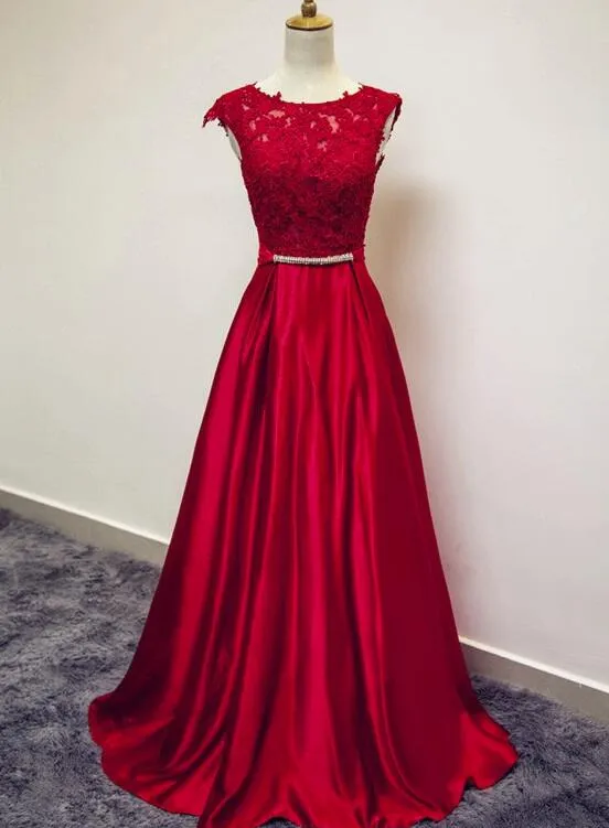 Beautiful Red Satin Lace Applique Long Party Dress, Long Formal Dresses, Red Prom Dresses