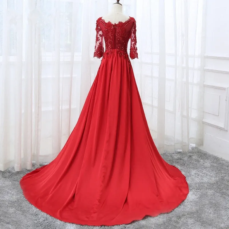 Beautiful Red Satin Short Sleeves Long Party Dress, Red Prom Dress