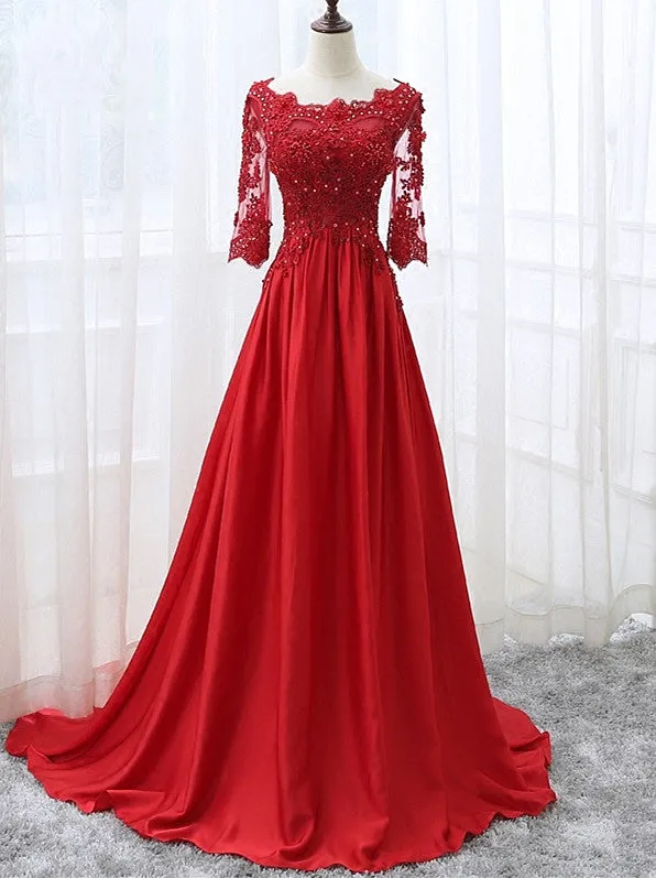 Beautiful Red Satin Short Sleeves Long Party Dress, Red Prom Dress