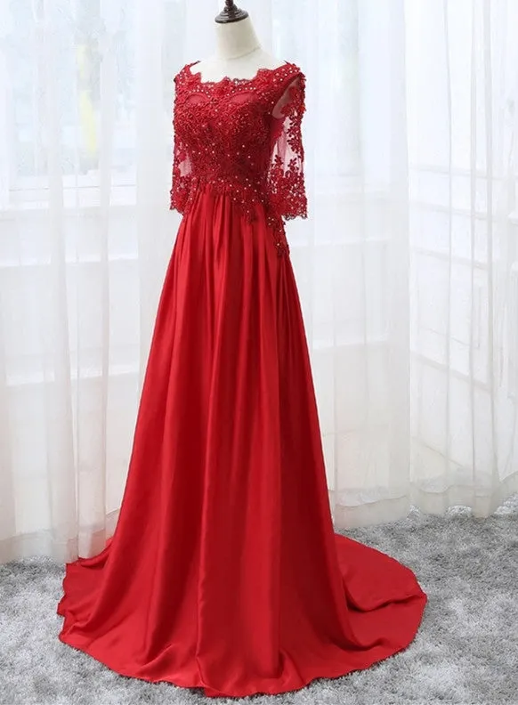 Beautiful Red Satin Short Sleeves Long Party Dress, Red Prom Dress