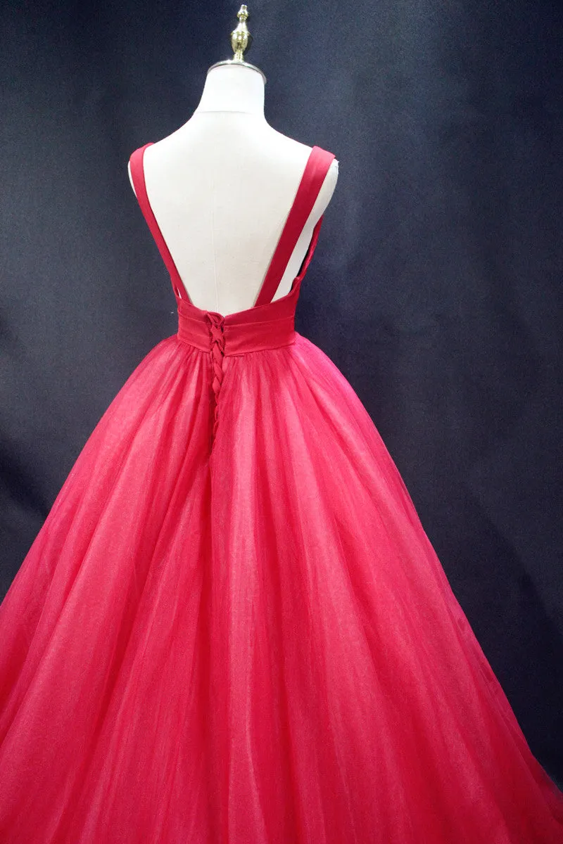 Beautiful Red Tulle Backless Long Sexy Lace-up Party Dress, Gorgeous Red Formal Gown