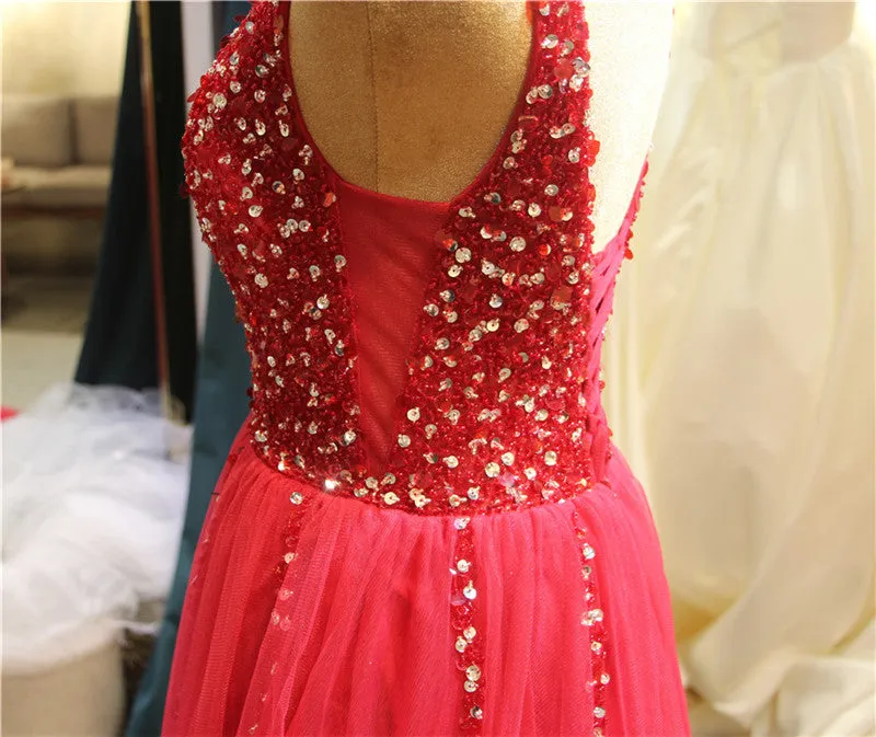 Beautiful Red Tulle Long Prom Dress, A-line Beaded Party Dress