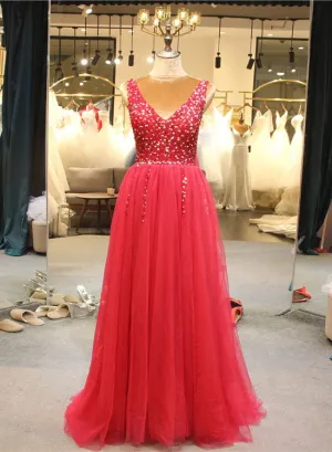 Beautiful Red Tulle Long Prom Dress, A-line Beaded Party Dress