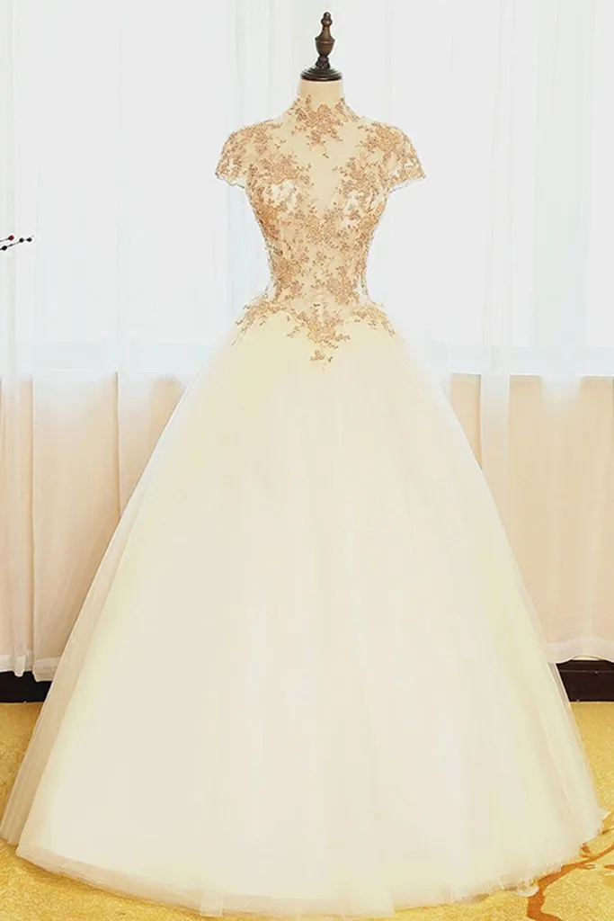 Beautiful White Tulle Cap Sleeves with Gold Applique Long Occasion Formal Dress, Beautiful Formal Dress