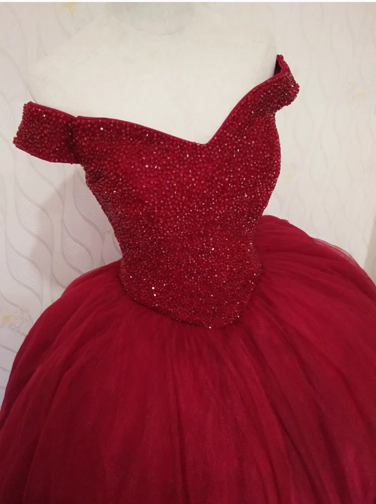 Beautiful Wine Red Off Shoulder Sweet 16 Gowns, Party Dresses , Sparkle Formal Dress