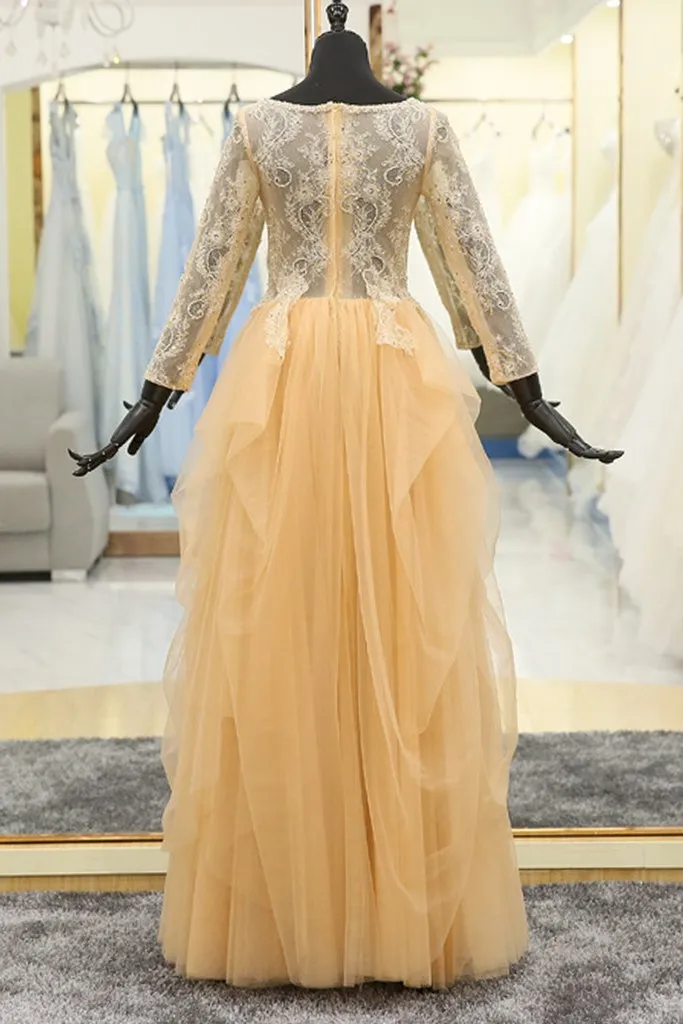Beautiful Yellow Tulle Long Sleeves Lace Party Gowns, Beautiful Formal Dress