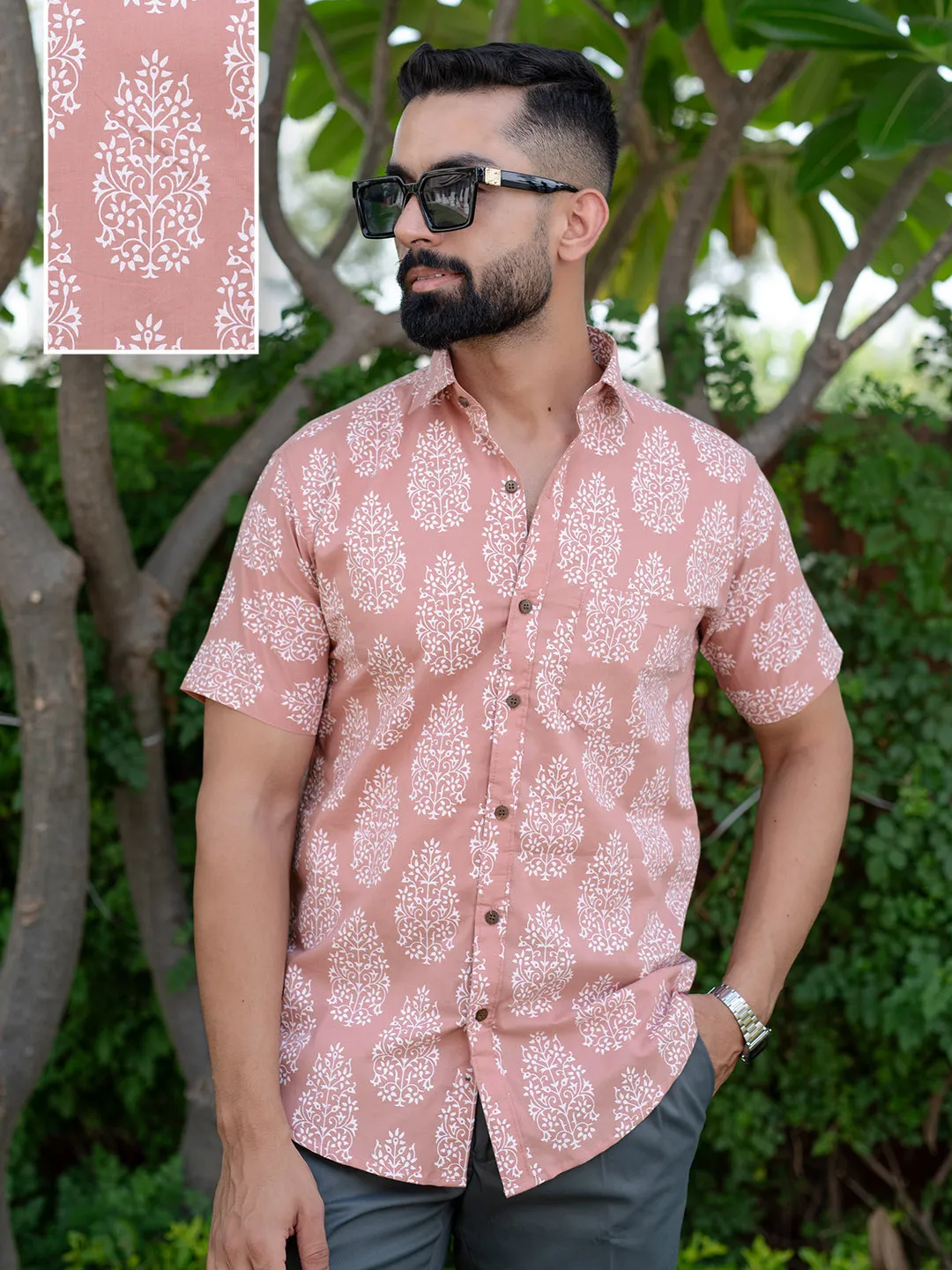 Beige Floral Half Sleeve Printed shirt