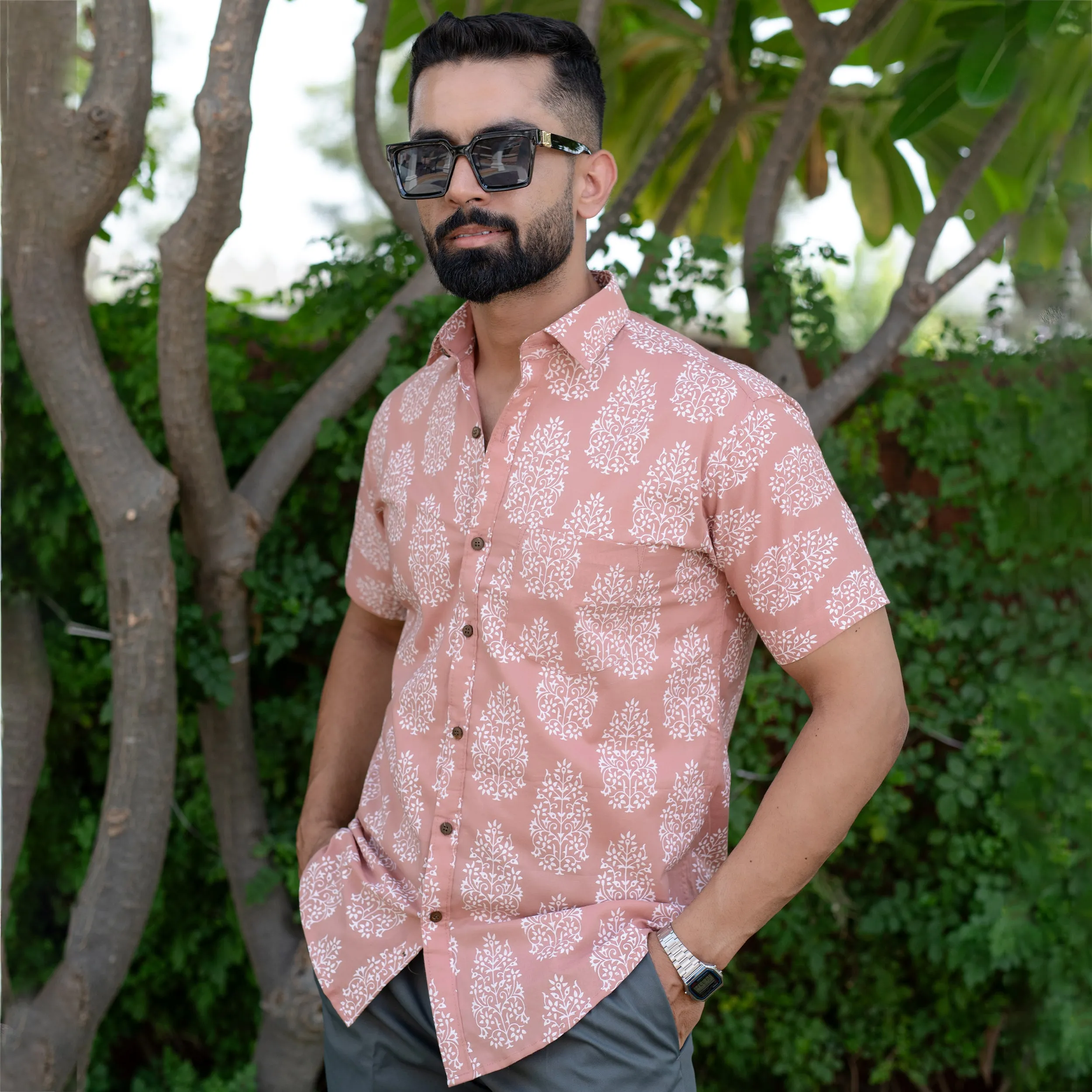 Beige Floral Half Sleeve Printed shirt