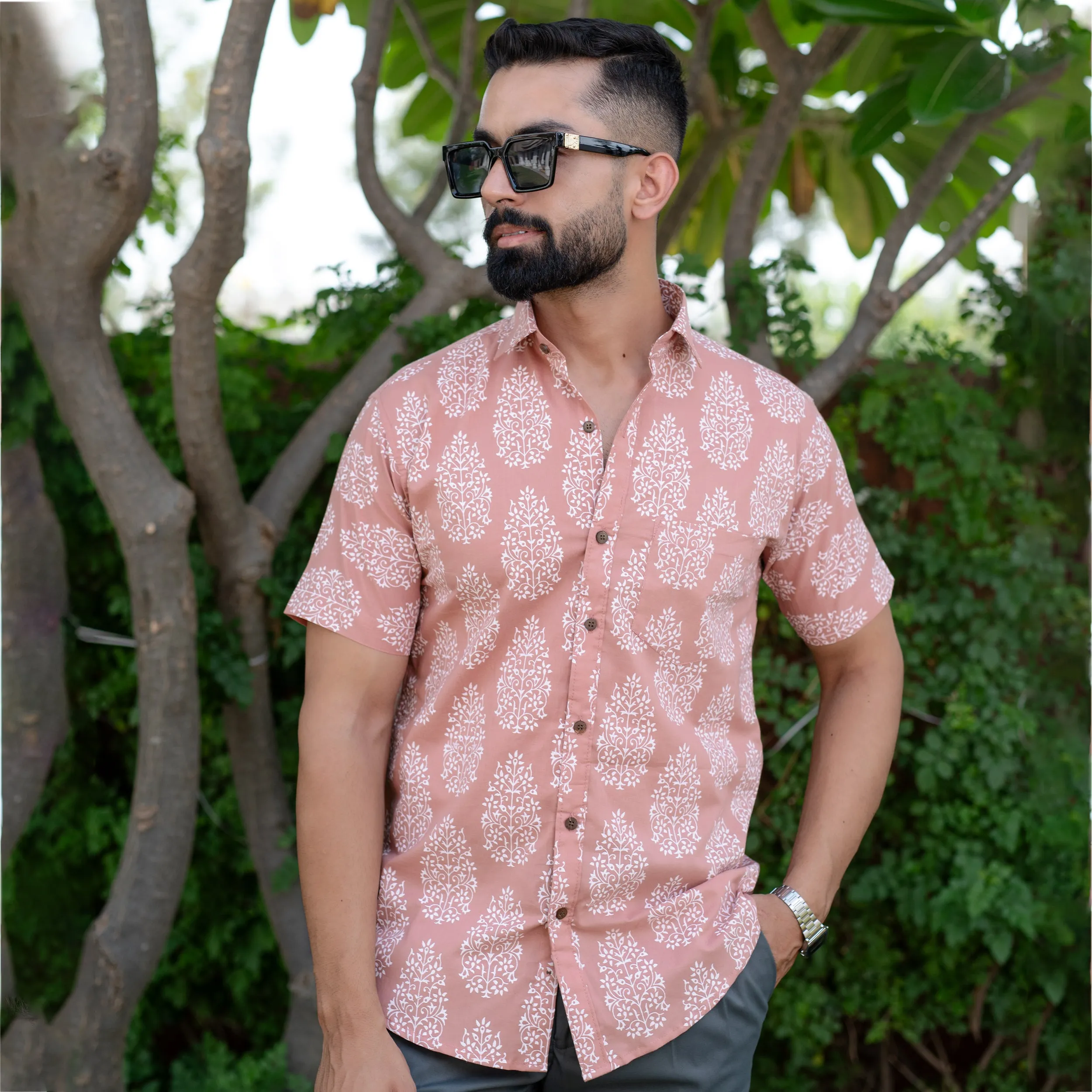 Beige Floral Half Sleeve Printed shirt