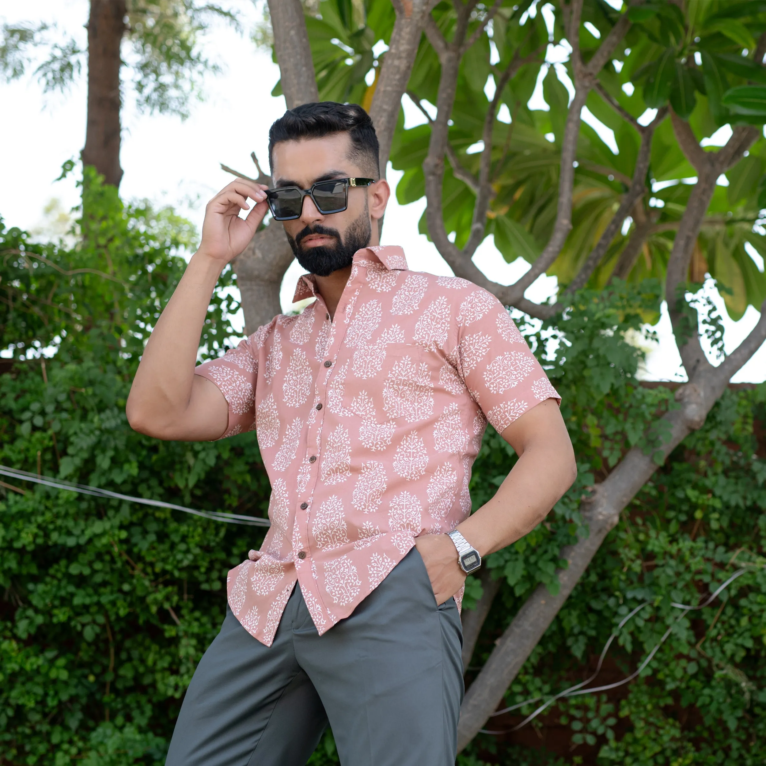 Beige Floral Half Sleeve Printed shirt
